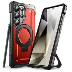 SUPCASE UB Grip 全能鋼甲 Samsung Galaxy S25 Ultra 5G (2025) 軍規防摔磁吸手機殼，透明背板展示手機原色，金屬支架可橫豎立放。紅色。