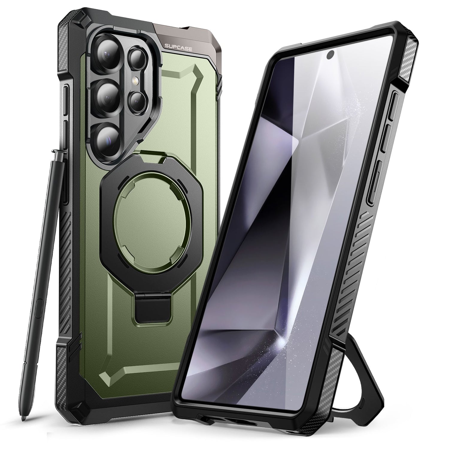 SUPCASE UB Grip 全能鋼甲 Samsung Galaxy S25 Ultra 5G (2025) 軍規防摔磁吸手機殼,透明背板展示手機原色,金屬支架可橫豎立放。綠色。