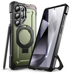 SUPCASE UB Grip 全能鋼甲 Samsung Galaxy S25 Ultra 5G (2025) 軍規防摔磁吸手機殼，透明背板展示手機原色，金屬支架可橫豎立放。綠色。