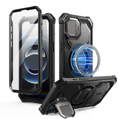 i-Blason Armorbox iPhone 16e (2025) Mag 頂級鏡頭蓋支架軍規防摔殼，黑色，展示其全身式保護設計、內建螢幕保護膜、鋅合金相機蓋 MagSafe 磁吸支架、軍規防摔特性和精準設計。