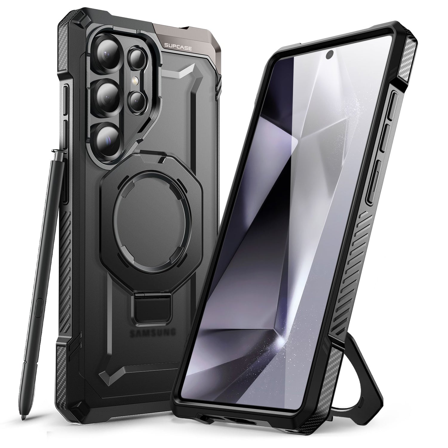 SUPCASE UB Grip 全能鋼甲 Samsung Galaxy S25 Ultra 5G (2025) 軍規防摔磁吸手機殼,透明背板展示手機原色,金屬支架可橫豎立放。黑色。