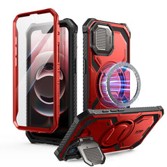i-Blason Armorbox iPhone 16e (2025) Mag 頂級鏡頭蓋支架軍規防摔殼，紅色，展示其全身式保護設計、內建螢幕保護膜、鋅合金相機蓋 MagSafe 磁吸支架、軍規防摔特性和精準設計。