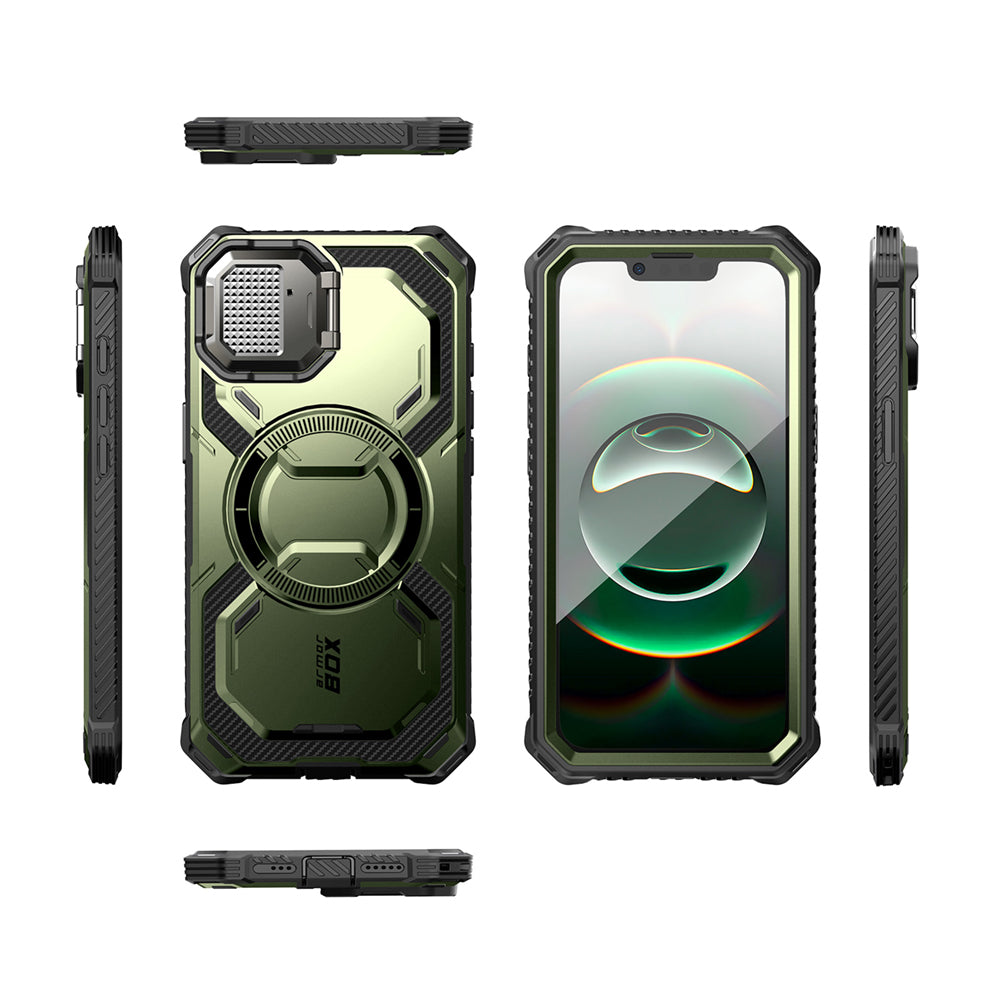 i-Blason Armorbox iPhone 16e (2025) Mag 頂級鏡頭蓋支架軍規防摔殼,綠色,展示其全身式保護設計、內建螢幕保護膜、鋅合金相機蓋 MagSafe 磁吸支架、軍規防摔特性和精準設計。