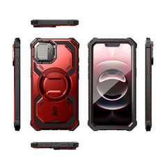 i-Blason Armorbox iPhone 16e (2025) Mag 頂級鏡頭蓋支架軍規防摔殼，紅色，展示其全身式保護設計、內建螢幕保護膜、鋅合金相機蓋 MagSafe 磁吸支架、軍規防摔特性和精準設計。