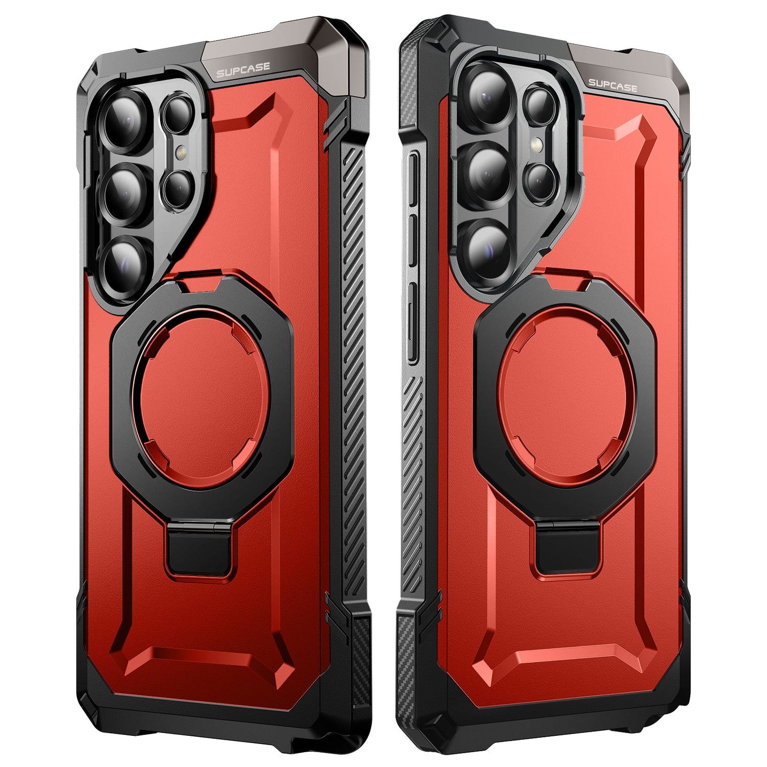 SUPCASE UB Grip 全能鋼甲 Samsung Galaxy S25 Ultra 5G (2025) 軍規防摔磁吸手機殼,透明背板展示手機原色,金屬支架可橫豎立放。紅色。