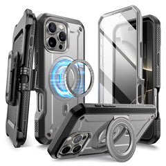 iPhone 16 Pro Max 軍規防摔殼，SUPCASE UB Pro Mag 變形守護者，支援 MagSafe 磁吸、內建支架與螢幕保護貼，提供全面防護。鈦空灰色。
