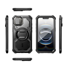 i-Blason Armorbox iPhone 16e (2025) Mag 頂級鏡頭蓋支架軍規防摔殼，黑色，展示其全身式保護設計、內建螢幕保護膜、鋅合金相機蓋 MagSafe 磁吸支架、軍規防摔特性和精準設計。