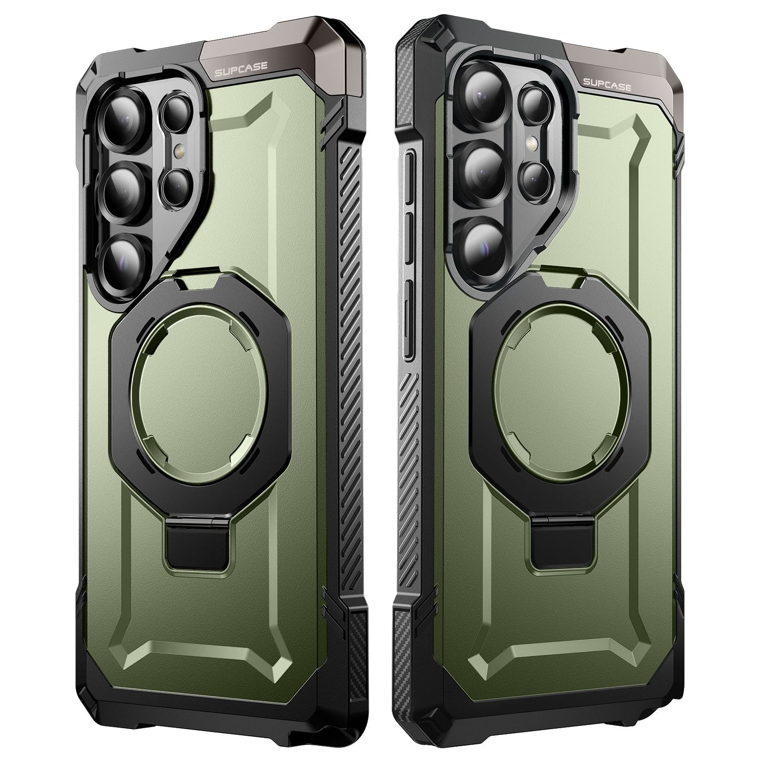SUPCASE UB Grip 全能鋼甲 Samsung Galaxy S25 Ultra 5G (2025) 軍規防摔磁吸手機殼,透明背板展示手機原色,金屬支架可橫豎立放。綠色。
