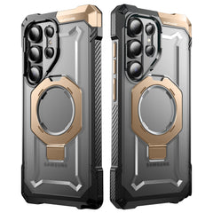 SUPCASE UB Grip 全能鋼甲 Samsung Galaxy S25 Ultra 5G (2025) 軍規防摔磁吸手機殼，透明背板展示手機原色，金屬支架可橫豎立放。沙色。