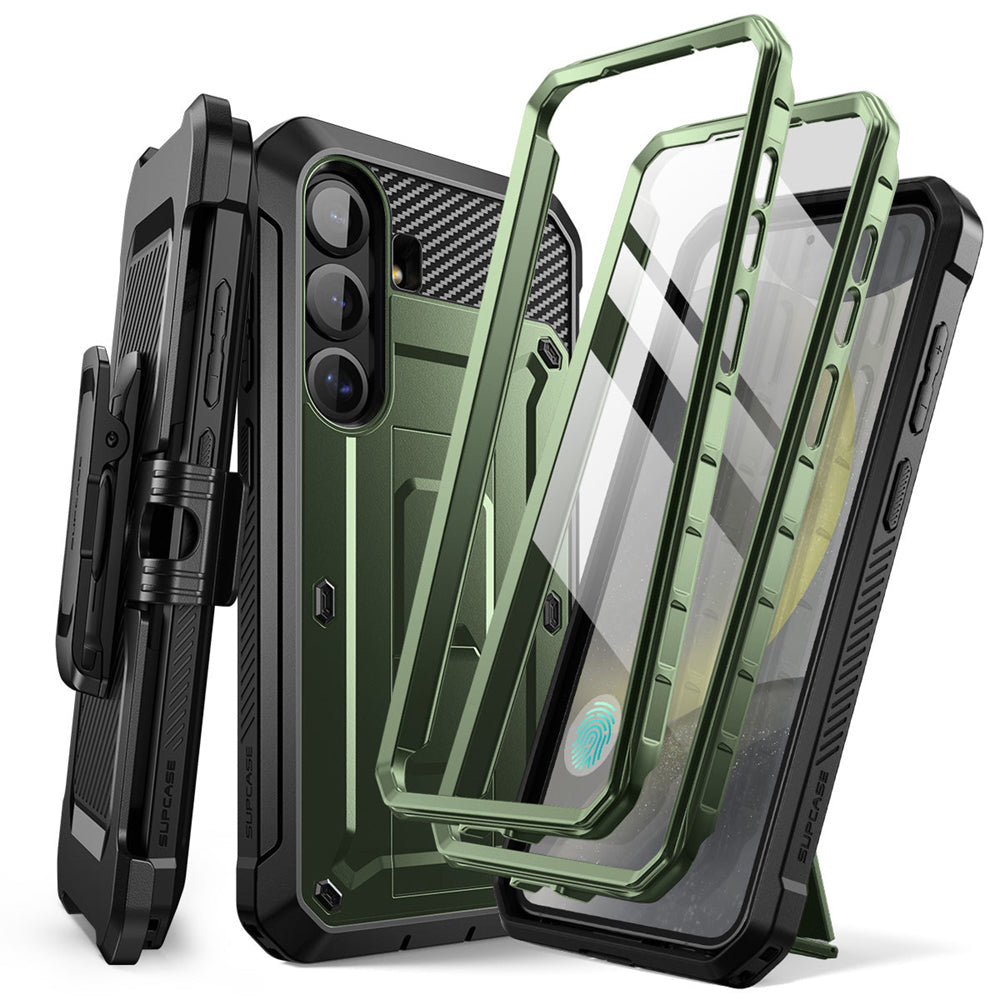 SUPCASE UB Pro守護者Samsung Galaxy S25 Plus 5G軍規防摔殼，內建螢幕保護貼，旋轉皮套，內建支架。綠色。