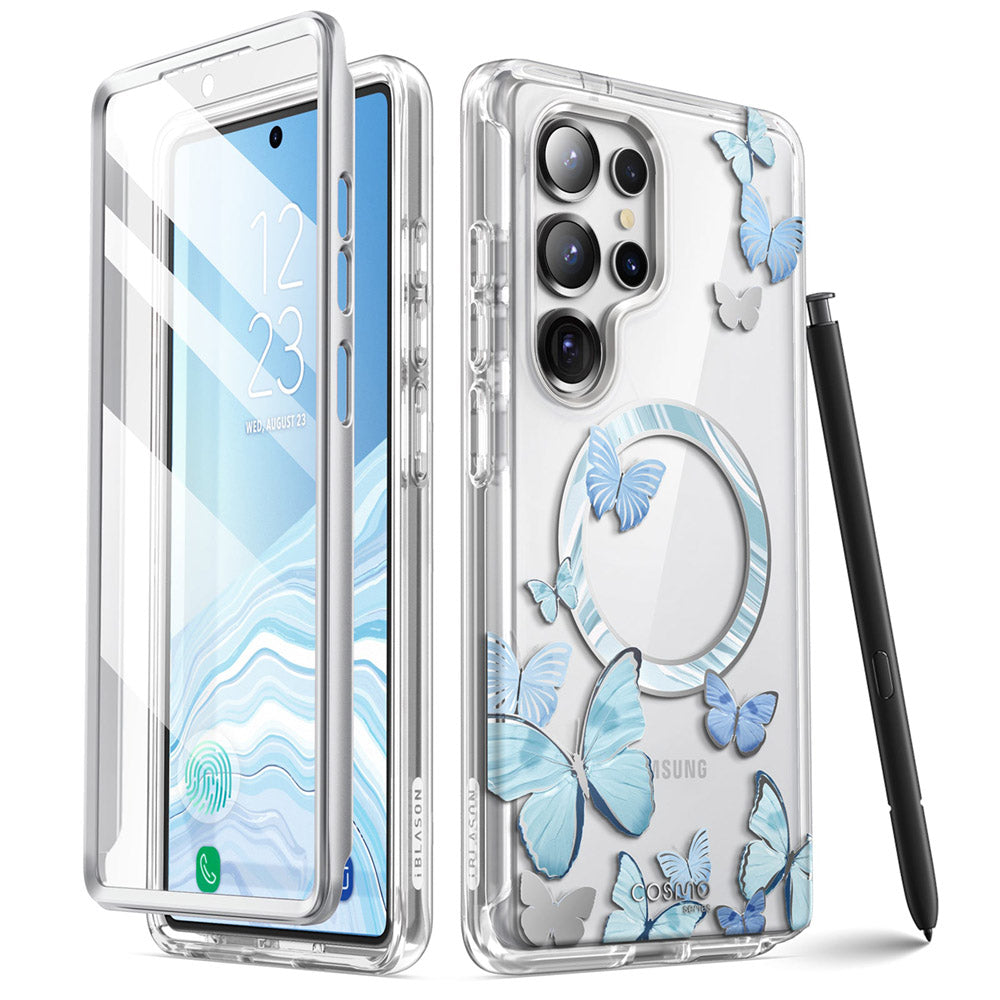 i-Blason Cosmo Samsung Galaxy S25 Ultra 5G 軍規防摔殼,藍蝶款,帶 S Pen 開孔。