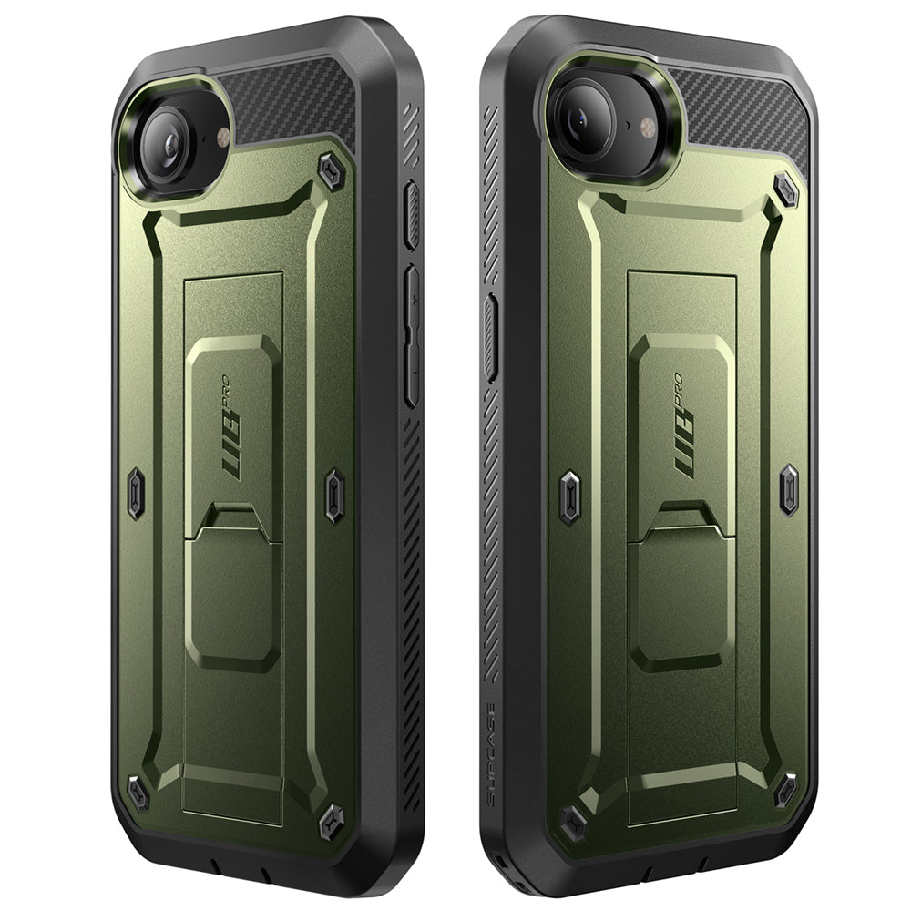 SUPCASE UB Pro 守護者 iPhone 16e 全面防護支架軍規防摔殼,展示其軍規防摔、內建螢幕保護貼、可旋轉皮套和支架功能。綠色。