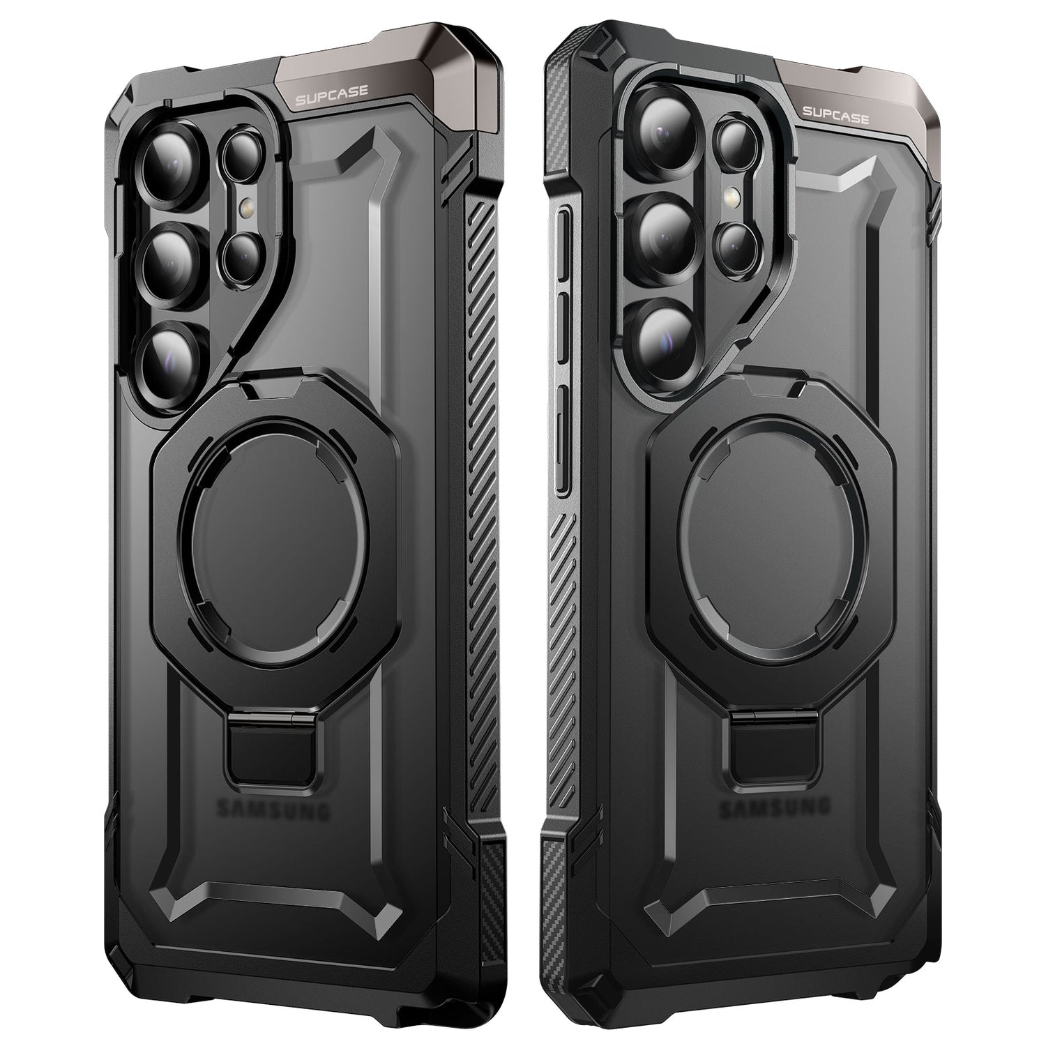 SUPCASE UB Grip 全能鋼甲 Samsung Galaxy S25 Ultra 5G (2025) 軍規防摔磁吸手機殼,透明背板展示手機原色,金屬支架可橫豎立放。黑色。