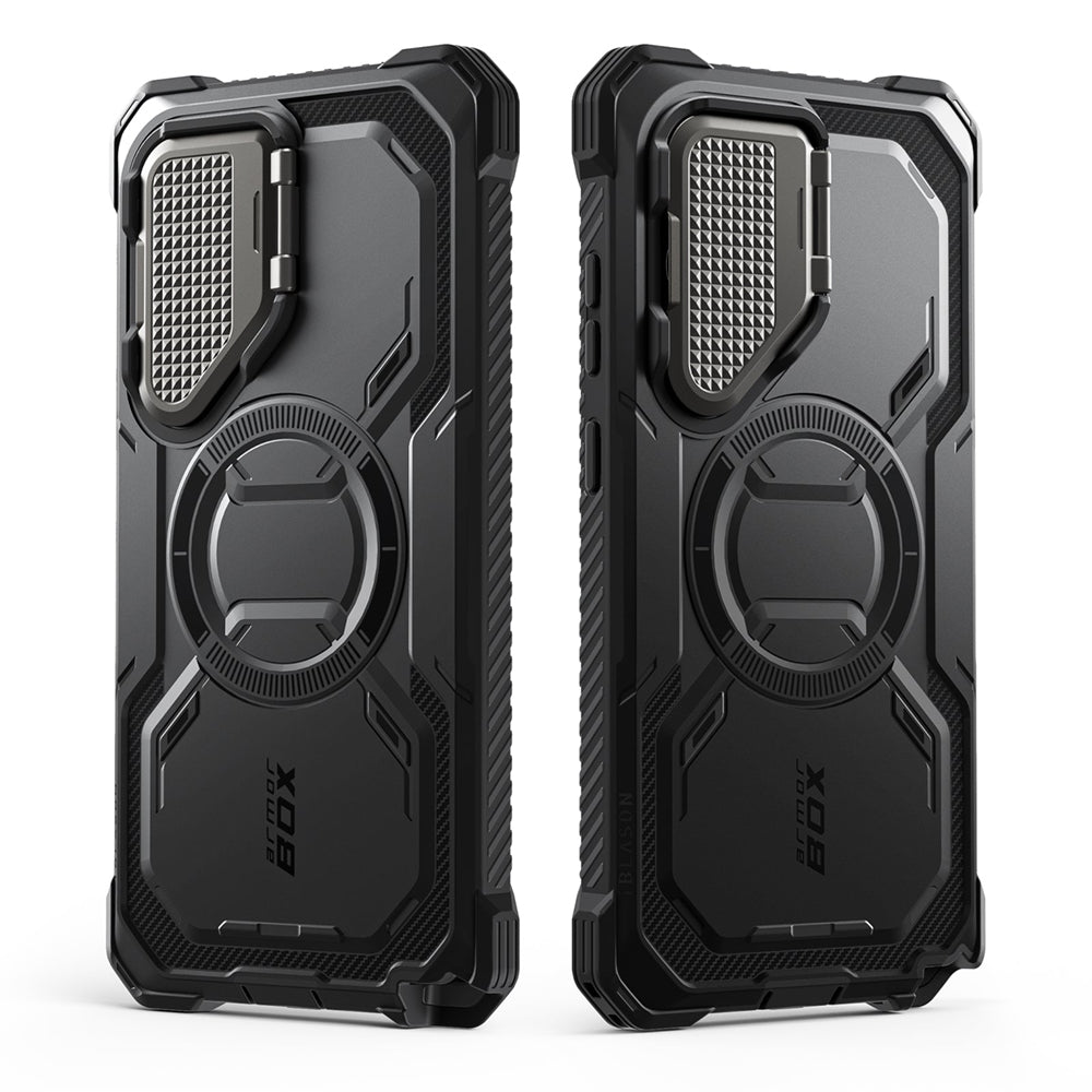 i-Blason Armorbox Samsung Galaxy S25 Ultra 5G (2025) Mag 頂級鏡頭蓋支架軍規防摔殼，黑色，展示其全身式保護設計、內建螢幕保護膜、鋅合金相機蓋 MagSafe 磁吸支架、軍規防摔特性和精準設計。