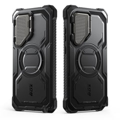 i-Blason Armorbox Samsung Galaxy S25 Ultra 5G (2025) Mag 頂級鏡頭蓋支架軍規防摔殼，黑色，展示其全身式保護設計、內建螢幕保護膜、鋅合金相機蓋 MagSafe 磁吸支架、軍規防摔特性和精準設計。