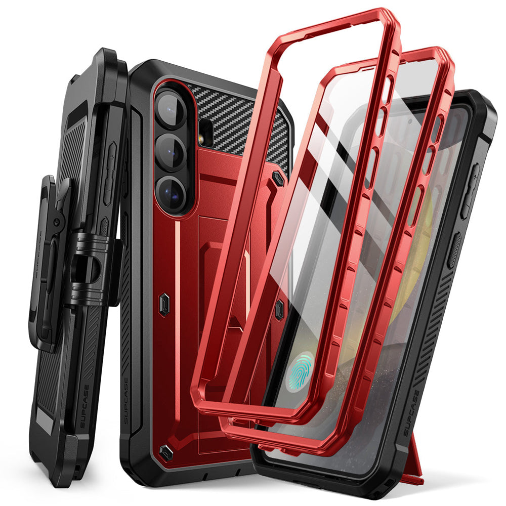 SUPCASE UB Pro守護者Samsung Galaxy S25 5G軍規防摔殼,內建螢幕保護貼,旋轉皮套,內建支架。紅色。