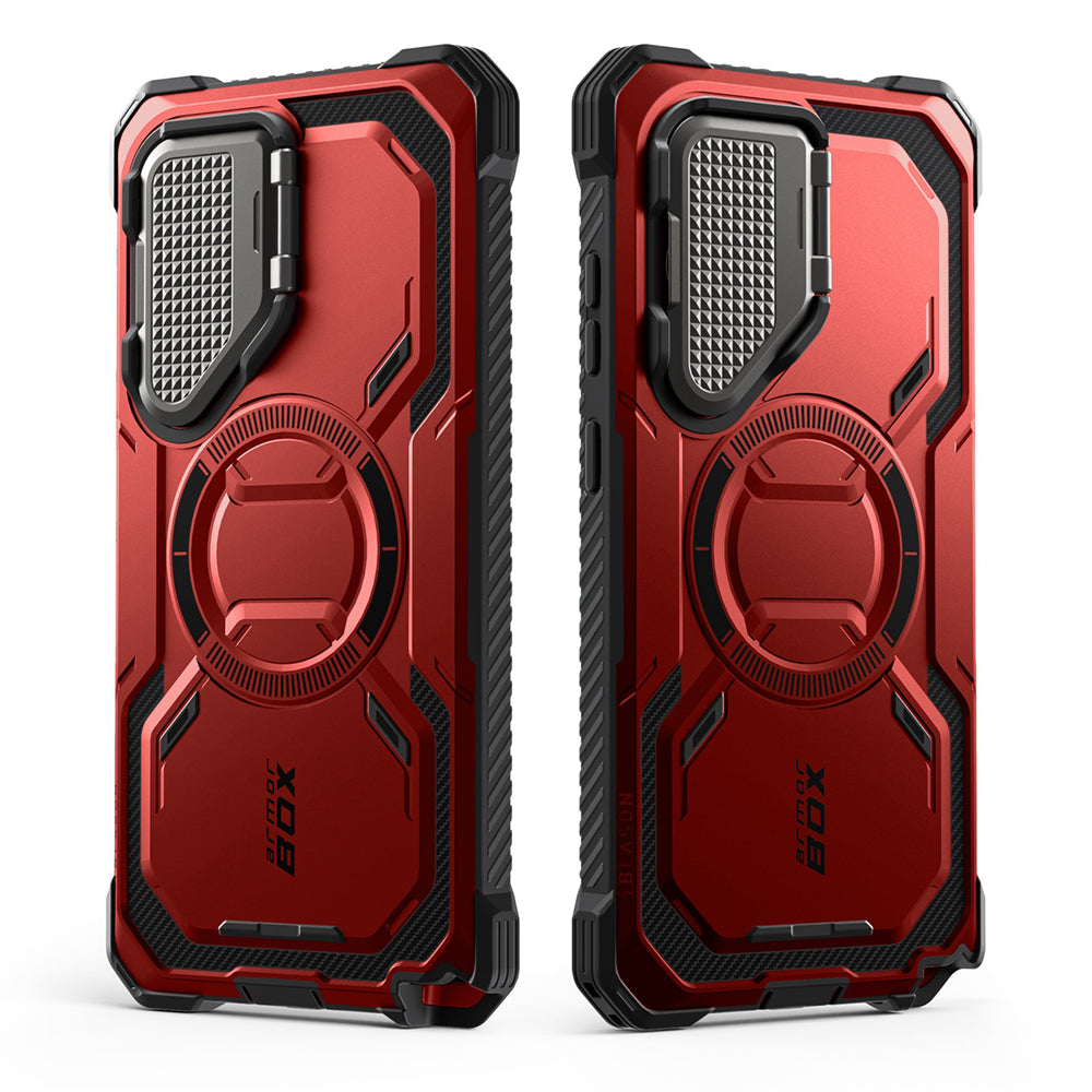 i-Blason Armorbox Samsung Galaxy S25 Ultra 5G (2025) Mag 頂級鏡頭蓋支架軍規防摔殼,紅色,展示其全身式保護設計、內建螢幕保護膜、鋅合金相機蓋 MagSafe 磁吸支架、軍規防摔特性和精準設計。