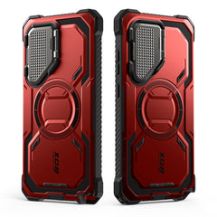 i-Blason Armorbox Samsung Galaxy S25 Ultra 5G (2025) Mag 頂級鏡頭蓋支架軍規防摔殼，紅色，展示其全身式保護設計、內建螢幕保護膜、鋅合金相機蓋 MagSafe 磁吸支架、軍規防摔特性和精準設計。