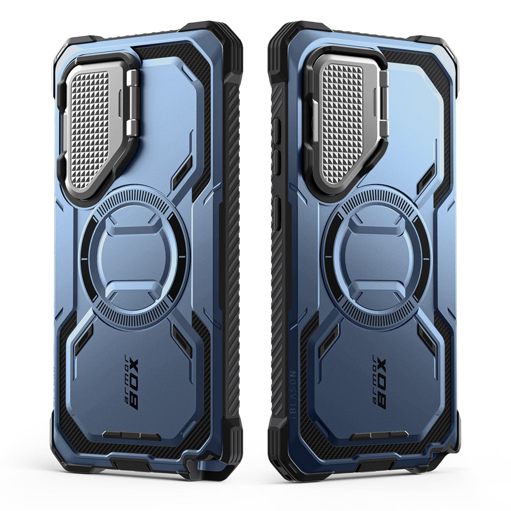 i-Blason Armorbox Samsung Galaxy S25 Ultra 5G (2025) Mag 頂級鏡頭蓋支架軍規防摔殼，藍色，展示其全身式保護設計、內建螢幕保護膜、鋅合金相機蓋 MagSafe 磁吸支架、軍規防摔特性和精準設計。