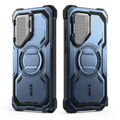 i-Blason Armorbox Samsung Galaxy S25 Ultra 5G (2025) Mag 頂級鏡頭蓋支架軍規防摔殼，藍色，展示其全身式保護設計、內建螢幕保護膜、鋅合金相機蓋 MagSafe 磁吸支架、軍規防摔特性和精準設計。