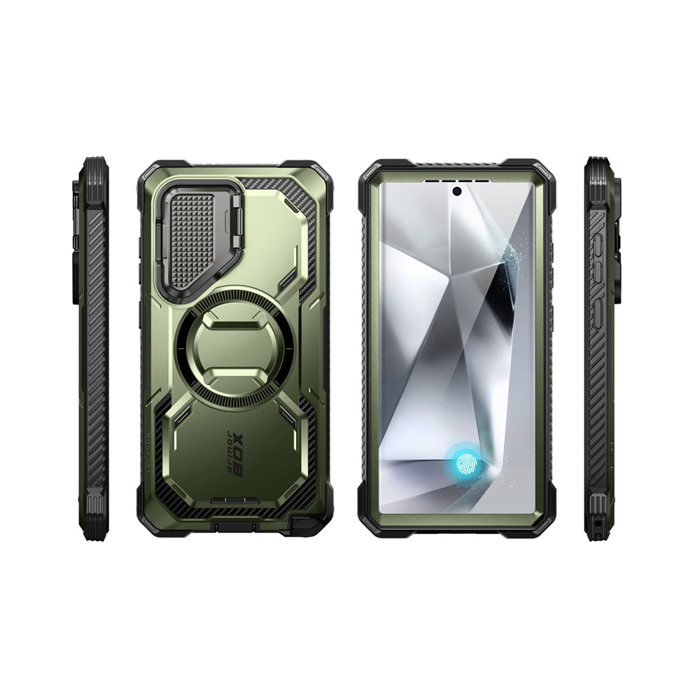 i-Blason Armorbox Samsung Galaxy S25 Ultra 5G (2025) Mag 頂級鏡頭蓋支架軍規防摔殼,綠色,展示其全身式保護設計、內建螢幕保護膜、鋅合金相機蓋 MagSafe 磁吸支架、軍規防摔特性和精準設計。
