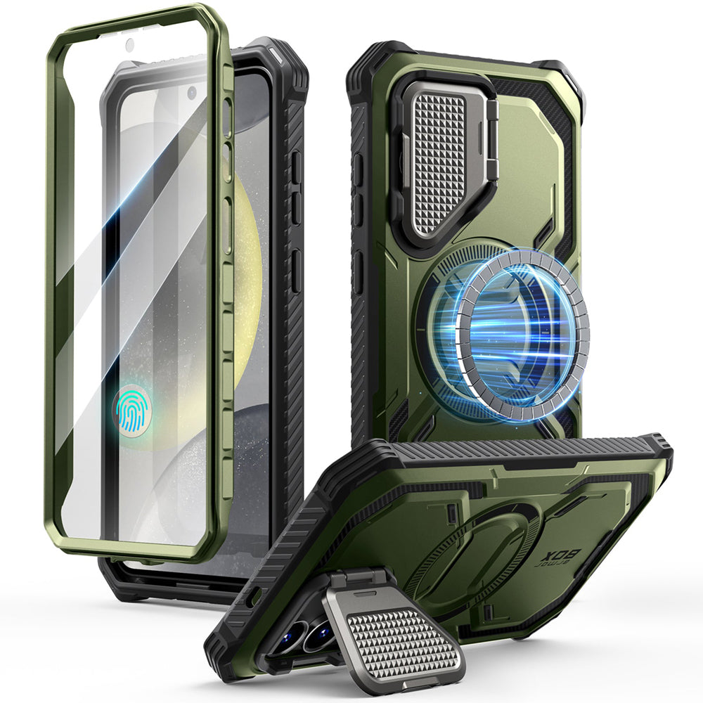 i-Blason Armorbox Samsung Galaxy S25 5G Mag 頂級鏡頭蓋支架軍規防摔殼,綠色,展示其全身式保護設計、內建螢幕保護膜、鋅合金相機蓋 MagSafe 磁吸支架、軍規防摔特性和精準設計。