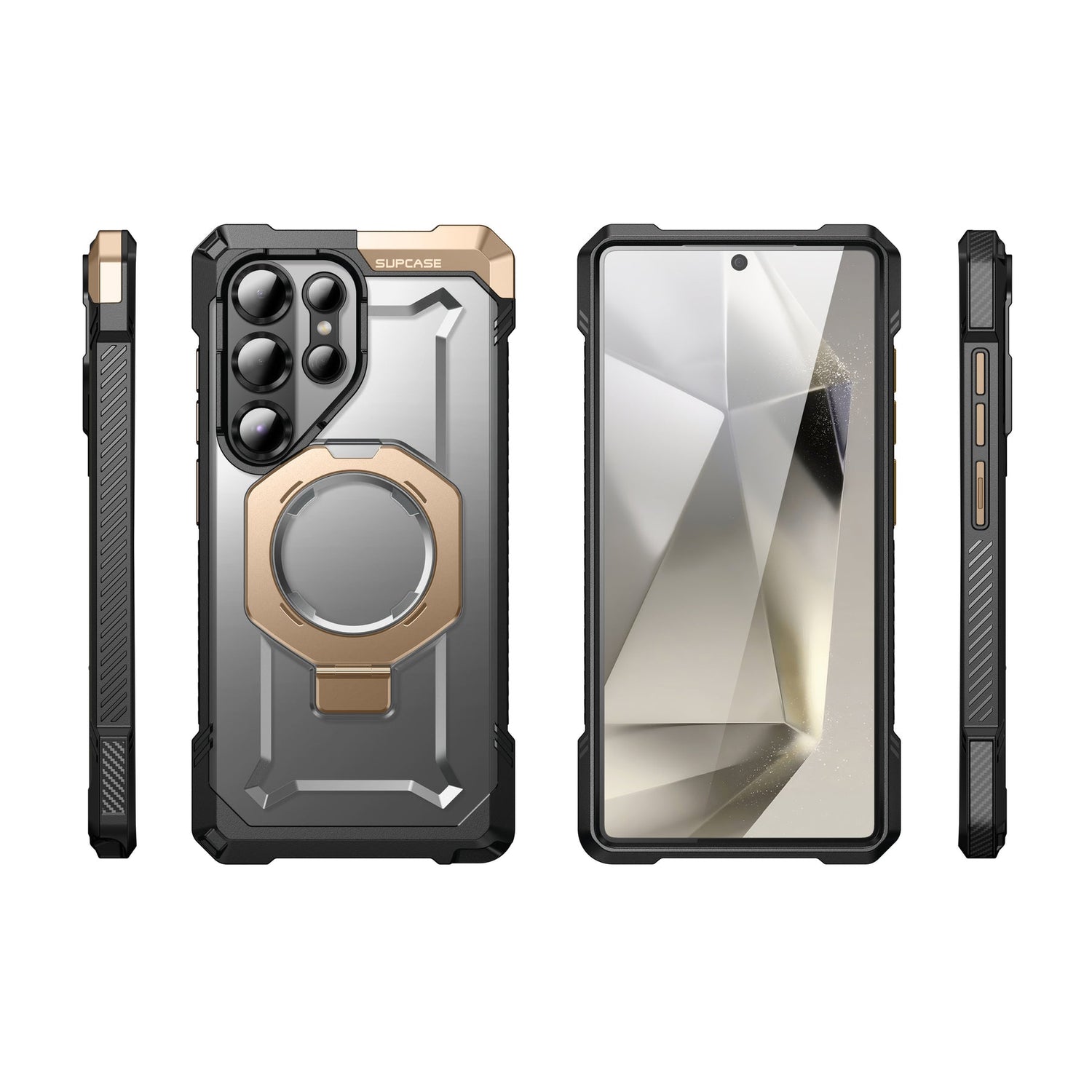 SUPCASE UB Grip 全能鋼甲 Samsung Galaxy S25 Ultra 5G (2025) 軍規防摔磁吸手機殼,透明背板展示手機原色,金屬支架可橫豎立放。沙色。