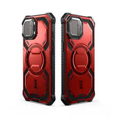 i-Blason Armorbox iPhone 16e (2025) Mag 頂級鏡頭蓋支架軍規防摔殼，紅色，展示其全身式保護設計、內建螢幕保護膜、鋅合金相機蓋 MagSafe 磁吸支架、軍規防摔特性和精準設計。