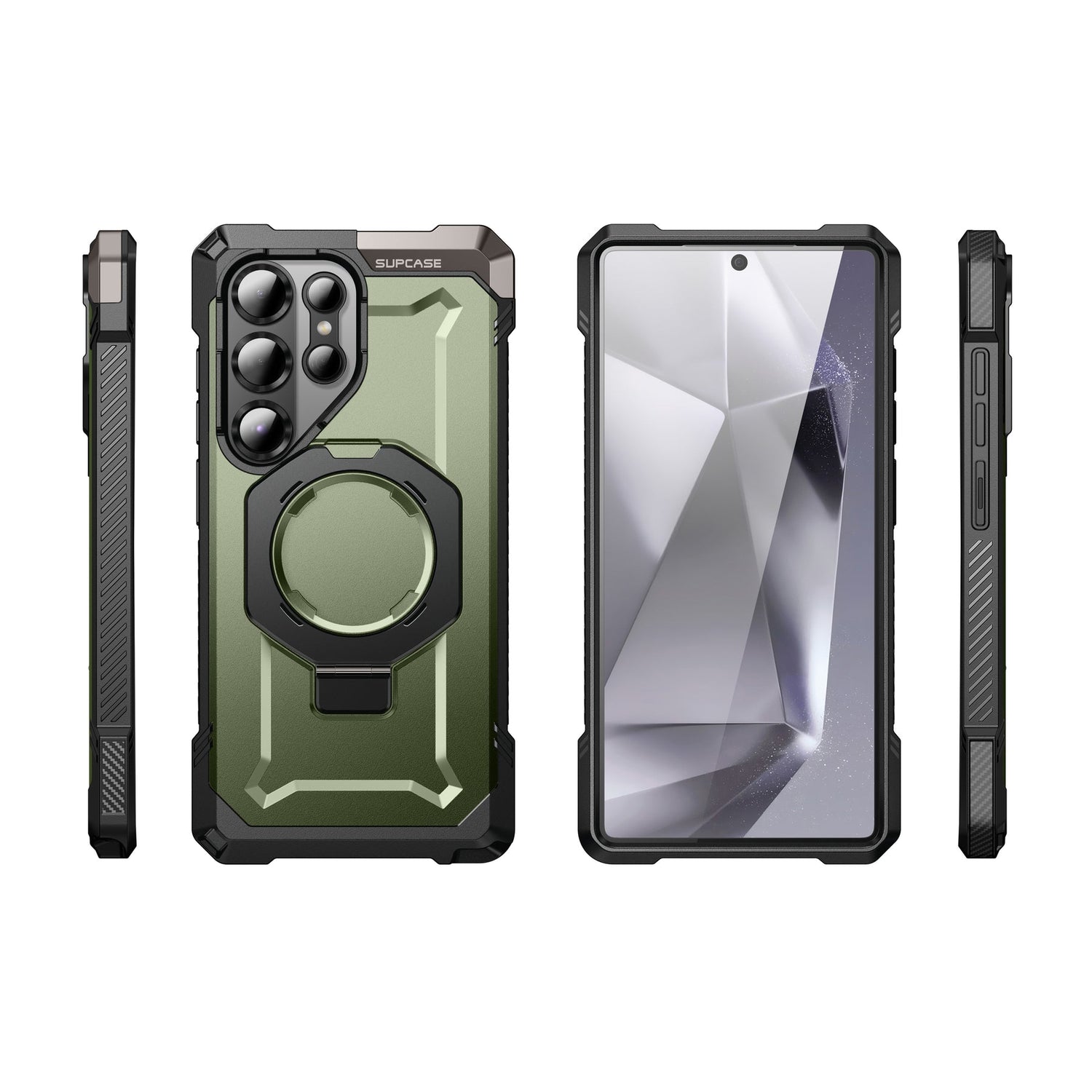 SUPCASE UB Grip 全能鋼甲 Samsung Galaxy S25 Ultra 5G (2025) 軍規防摔磁吸手機殼,透明背板展示手機原色,金屬支架可橫豎立放。綠色。