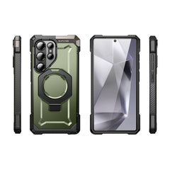 SUPCASE UB Grip 全能鋼甲 Samsung Galaxy S25 Ultra 5G (2025) 軍規防摔磁吸手機殼，透明背板展示手機原色，金屬支架可橫豎立放。綠色。