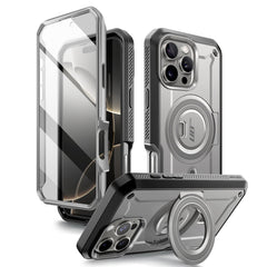iPhone 16 Pro Max 軍規防摔殼，SUPCASE UB Pro Mag 變形守護者，支援 MagSafe 磁吸、內建支架與螢幕保護貼，提供全面防護。鈦空灰色。
