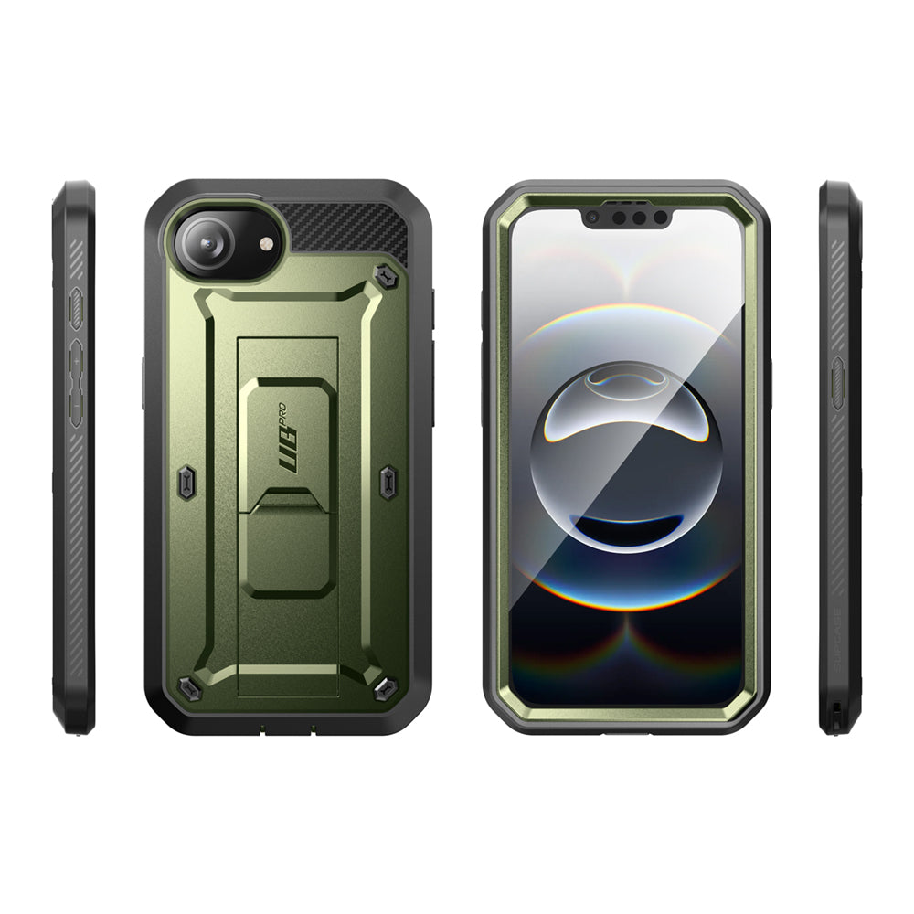 SUPCASE UB Pro 守護者 iPhone 16e 全面防護支架軍規防摔殼,展示其軍規防摔、內建螢幕保護貼、可旋轉皮套和支架功能。綠色。