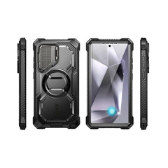 i-Blason Armorbox Samsung Galaxy S25 Ultra 5G (2025) Mag 頂級鏡頭蓋支架軍規防摔殼，黑色，展示其全身式保護設計、內建螢幕保護膜、鋅合金相機蓋 MagSafe 磁吸支架、軍規防摔特性和精準設計。
