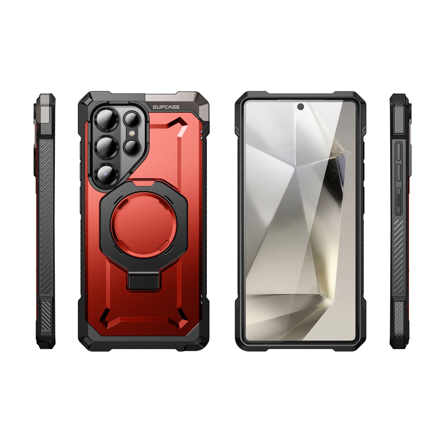 SUPCASE UB Grip 全能鋼甲 Samsung Galaxy S25 Ultra 5G (2025) 軍規防摔磁吸手機殼,透明背板展示手機原色,金屬支架可橫豎立放。紅色。