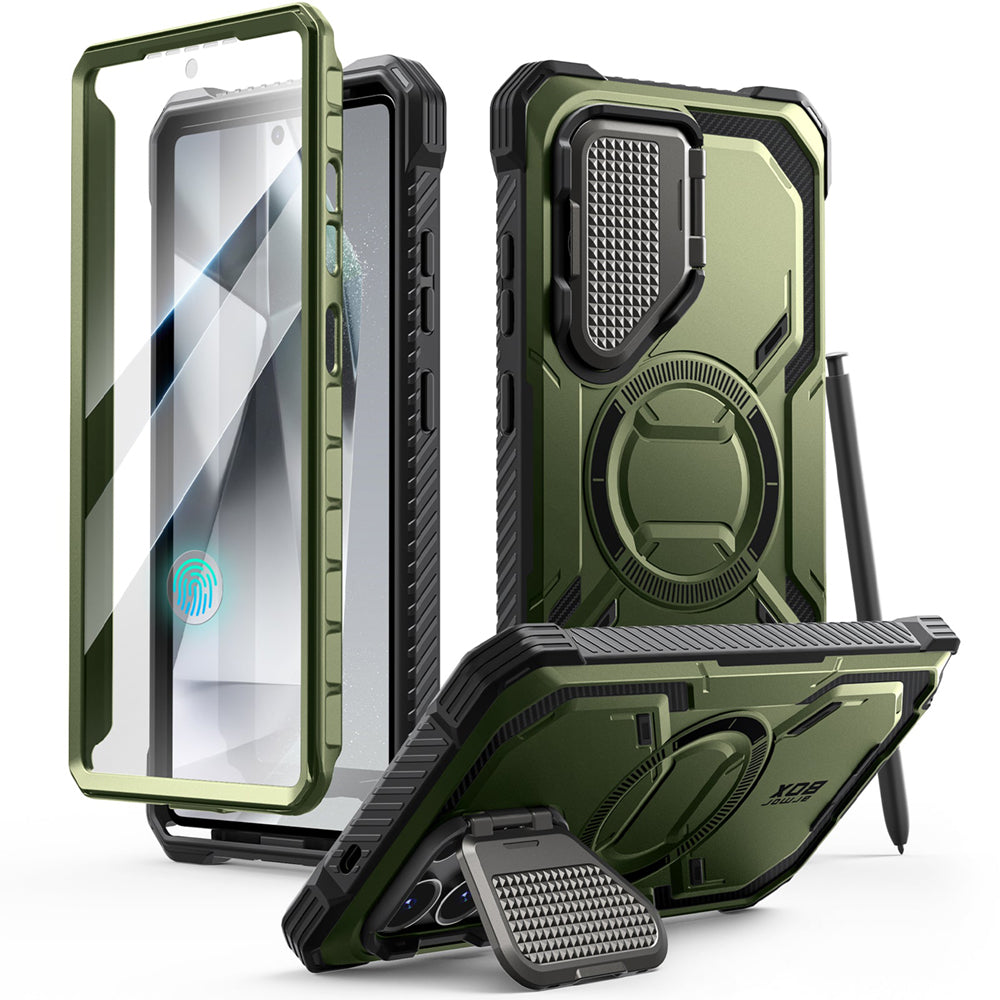 i-Blason Armorbox Samsung Galaxy S25 Ultra 5G (2025) Mag 頂級鏡頭蓋支架軍規防摔殼，綠色，展示其全身式保護設計、內建螢幕保護膜、鋅合金相機蓋 MagSafe 磁吸支架、軍規防摔特性和精準設計。