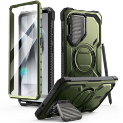 i-Blason Armorbox Samsung Galaxy S25 Ultra 5G (2025) Mag 頂級鏡頭蓋支架軍規防摔殼，綠色，展示其全身式保護設計、內建螢幕保護膜、鋅合金相機蓋 MagSafe 磁吸支架、軍規防摔特性和精準設計。