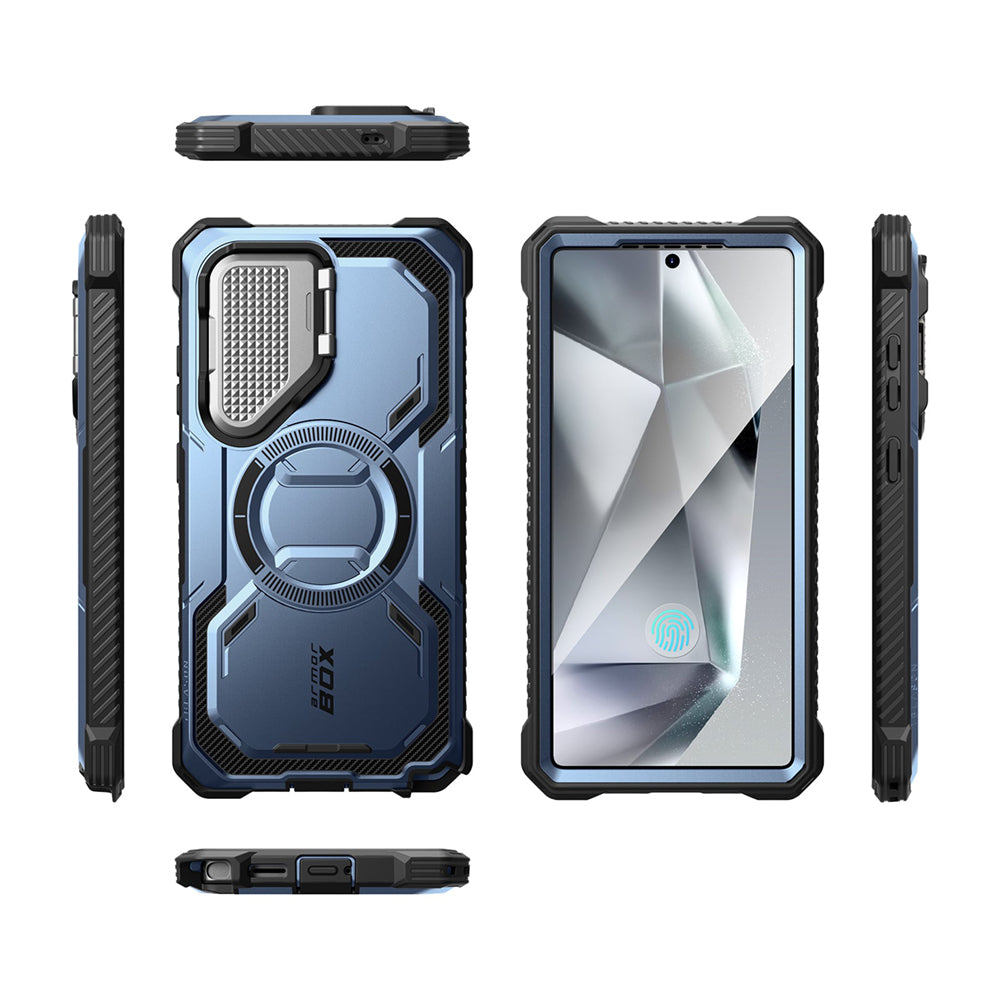 i-Blason Armorbox Samsung Galaxy S25 Ultra 5G (2025) Mag 頂級鏡頭蓋支架軍規防摔殼，藍色，展示其全身式保護設計、內建螢幕保護膜、鋅合金相機蓋 MagSafe 磁吸支架、軍規防摔特性和精準設計。