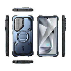 i-Blason Armorbox Samsung Galaxy S25 Ultra 5G (2025) Mag 頂級鏡頭蓋支架軍規防摔殼，藍色，展示其全身式保護設計、內建螢幕保護膜、鋅合金相機蓋 MagSafe 磁吸支架、軍規防摔特性和精準設計。