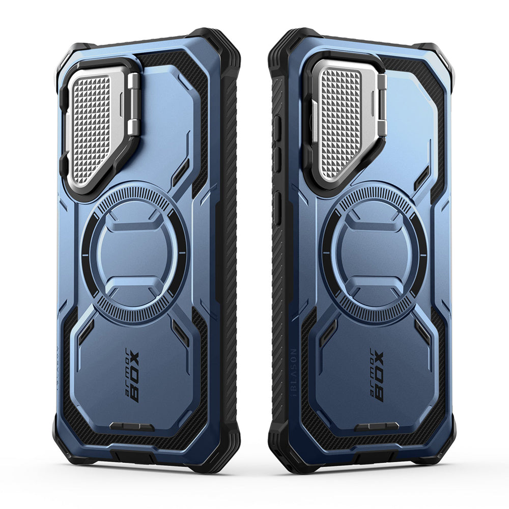 i-Blason Armorbox Samsung Galaxy S25 5G Mag 頂級鏡頭蓋支架軍規防摔殼,藍色,展示其全身式保護設計、內建螢幕保護膜、鋅合金相機蓋 MagSafe 磁吸支架、軍規防摔特性和精準設計。