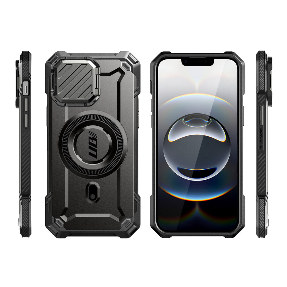 SUPCASE UB Mag XT 探索者 iPhone 16e 鏡頭蓋支架軍規防摔殼,展示其鏡頭蓋支架、軍規防摔、磁吸功能和防塵塞。黑色。