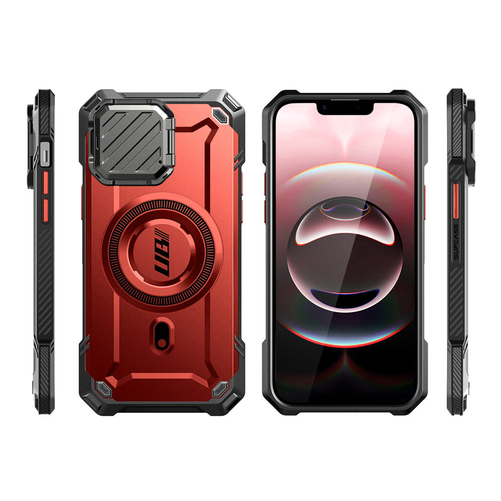 SUPCASE UB Mag XT 探索者 iPhone 16e 鏡頭蓋支架軍規防摔殼,展示其鏡頭蓋支架、軍規防摔、磁吸功能和防塵塞。紅色。