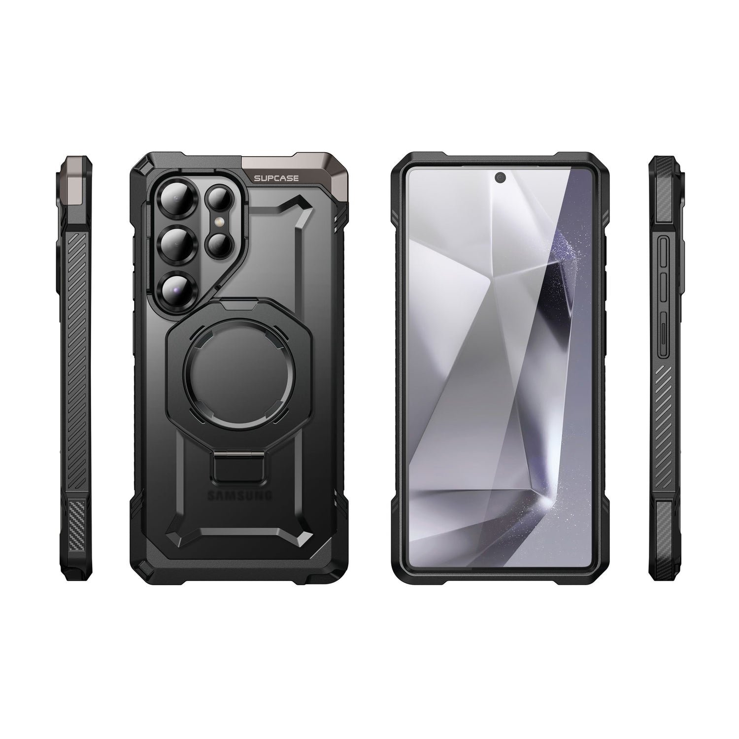 SUPCASE UB Grip 全能鋼甲 Samsung Galaxy S25 Ultra 5G (2025) 軍規防摔磁吸手機殼,透明背板展示手機原色,金屬支架可橫豎立放。黑色。