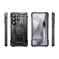 SUPCASE UB Grip 全能鋼甲 Samsung Galaxy S25 Ultra 5G (2025) 軍規防摔磁吸手機殼，透明背板展示手機原色，金屬支架可橫豎立放。黑色。