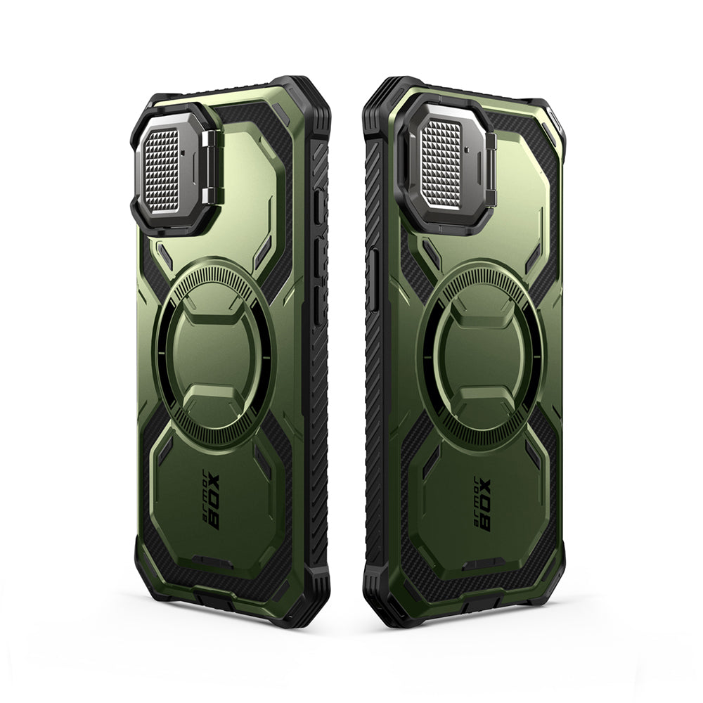i-Blason Armorbox iPhone 16e (2025) Mag 頂級鏡頭蓋支架軍規防摔殼,綠色,展示其全身式保護設計、內建螢幕保護膜、鋅合金相機蓋 MagSafe 磁吸支架、軍規防摔特性和精準設計。