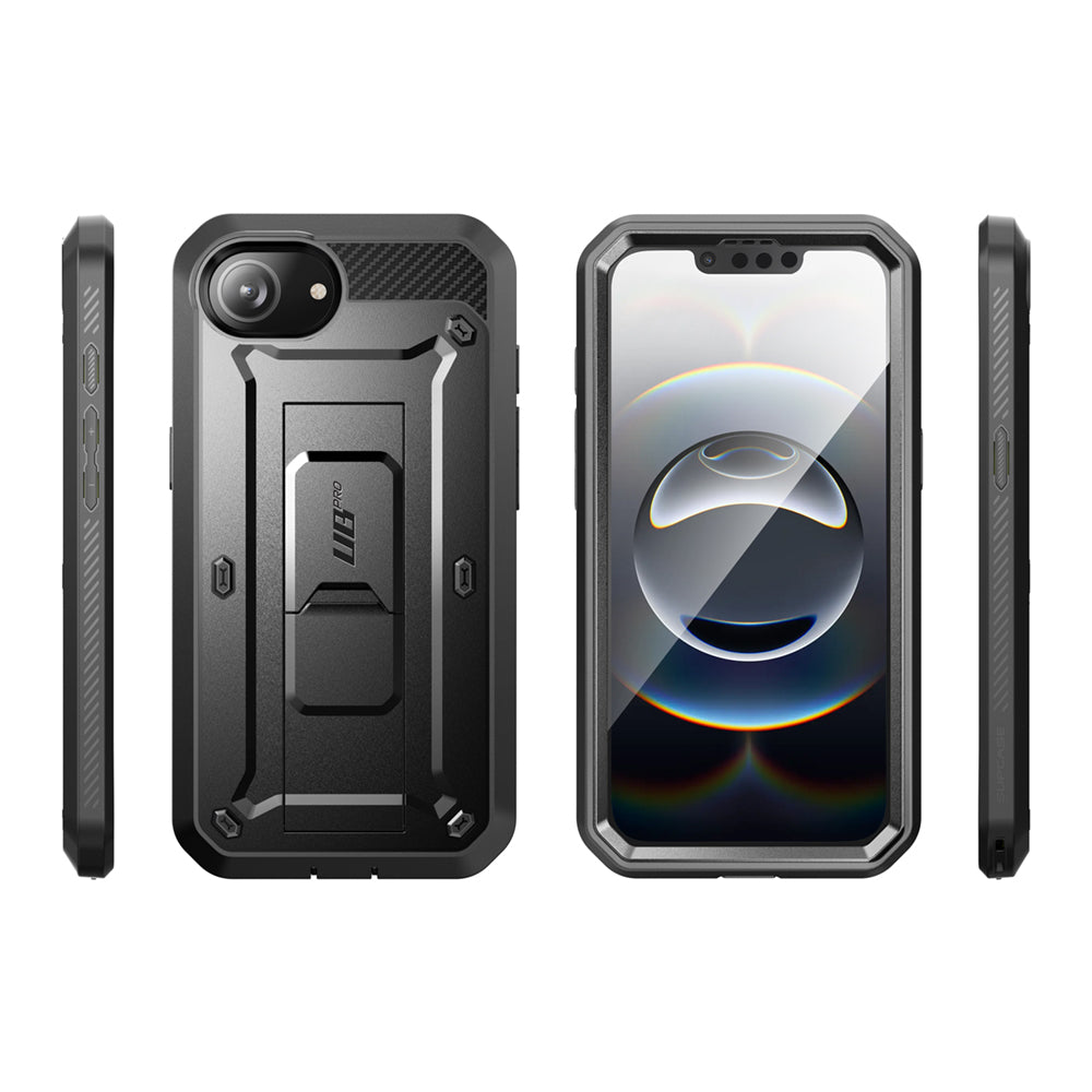 SUPCASE UB Pro 守護者 iPhone 16e 全面防護支架軍規防摔殼,展示其軍規防摔、內建螢幕保護貼、可旋轉皮套和支架功能。黑色。