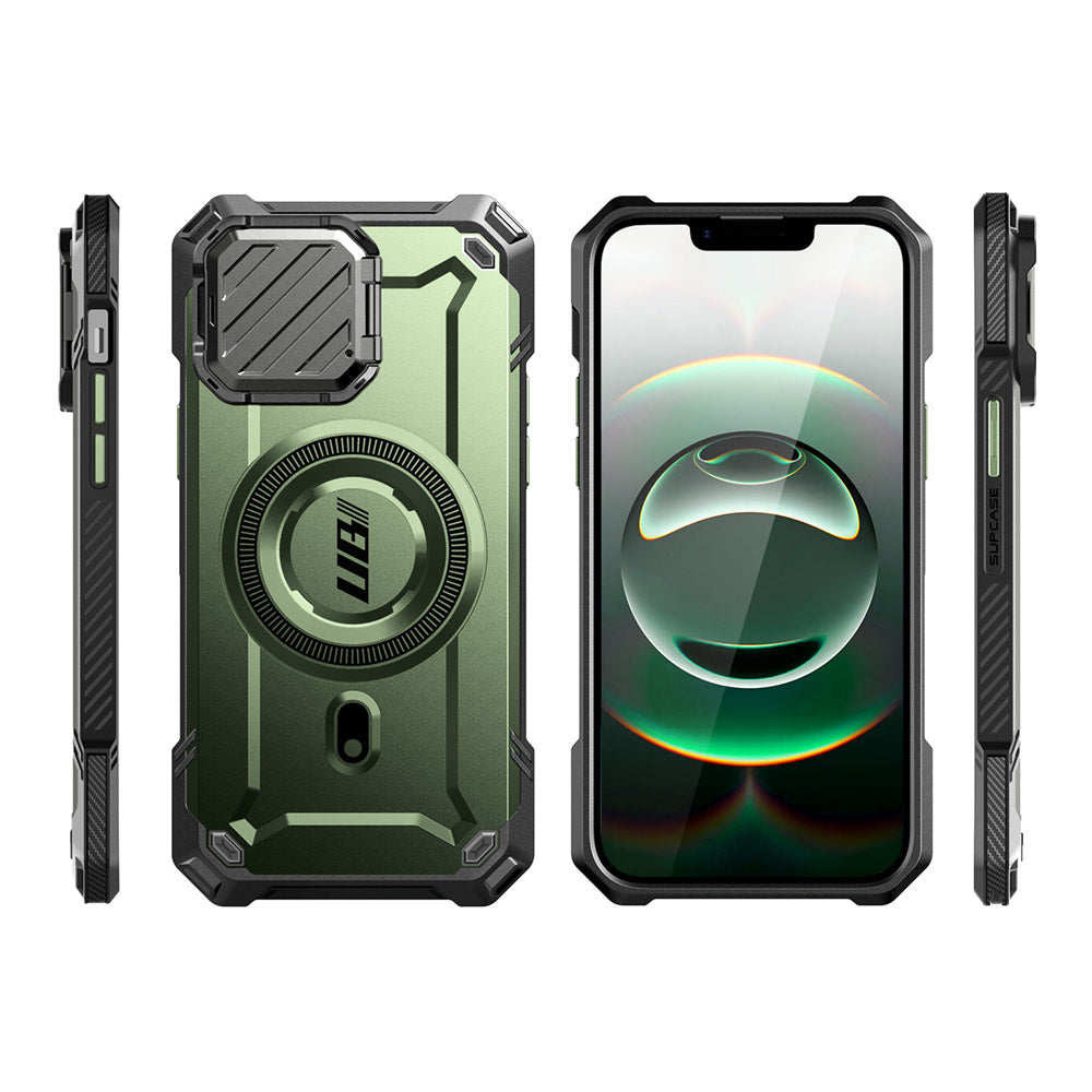 SUPCASE UB Mag XT 探索者 iPhone 16e 鏡頭蓋支架軍規防摔殼,展示其鏡頭蓋支架、軍規防摔、磁吸功能和防塵塞。綠色。