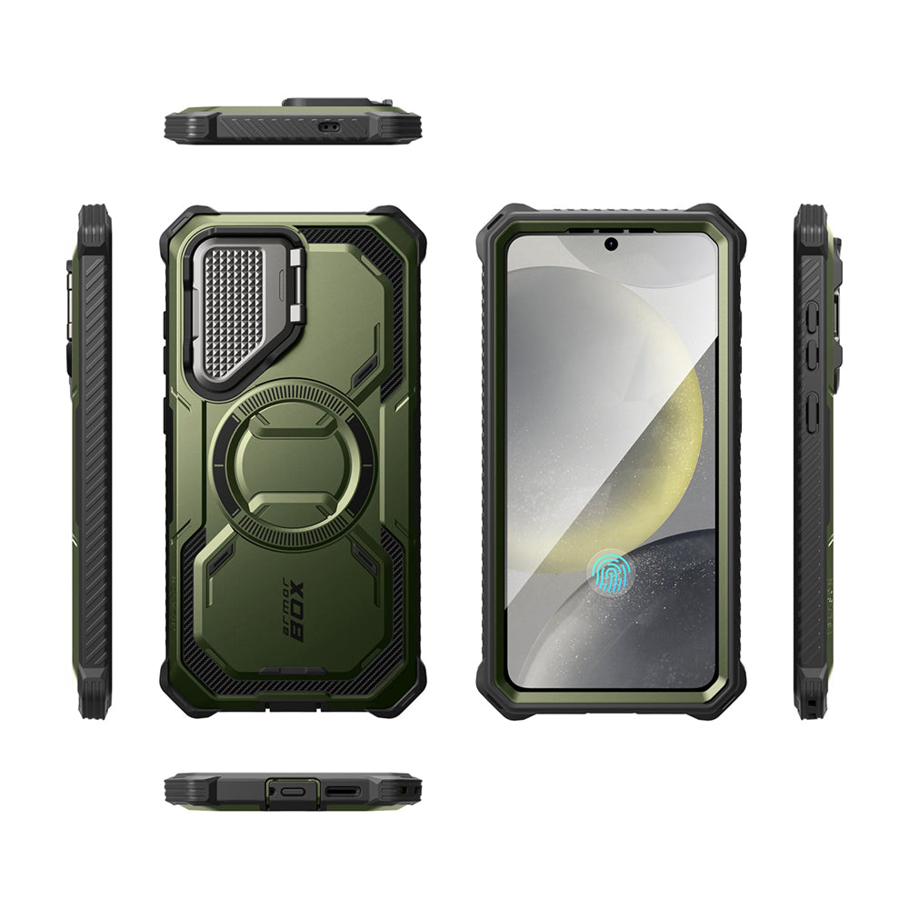 i-Blason Armorbox Samsung Galaxy S25 5G Mag 頂級鏡頭蓋支架軍規防摔殼,綠色,展示其全身式保護設計、內建螢幕保護膜、鋅合金相機蓋 MagSafe 磁吸支架、軍規防摔特性和精準設計。