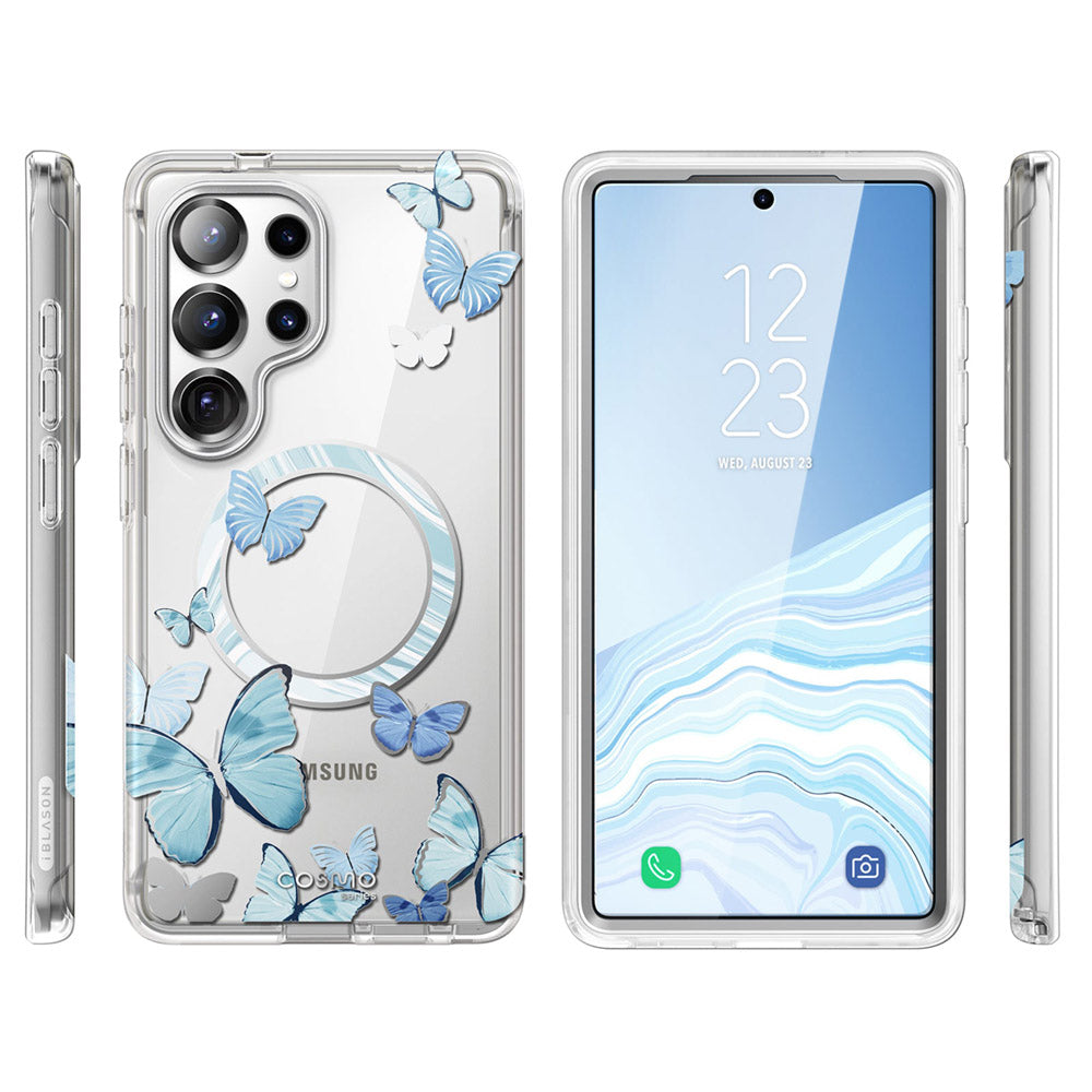 i-Blason Cosmo Samsung Galaxy S25 Ultra 5G 軍規防摔殼,藍蝶款,帶 S Pen 開孔。