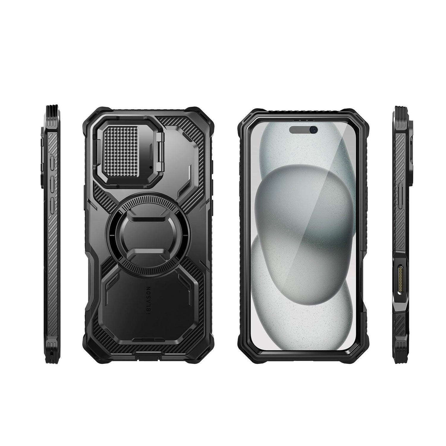 i-Blason Armorbox iPhone 16 軍規防摔殼，MagSafe 磁吸，鏡頭蓋支架，展示手機安裝後的防護效果。