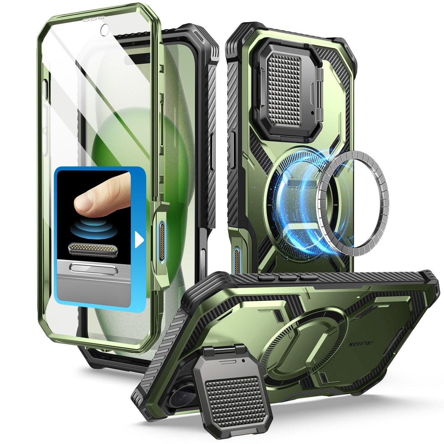 i-Blason Armorbox iPhone 16 軍規防摔殼，MagSafe 磁吸，鏡頭蓋支架，展示手機安裝後的防護效果。抹茶綠色。